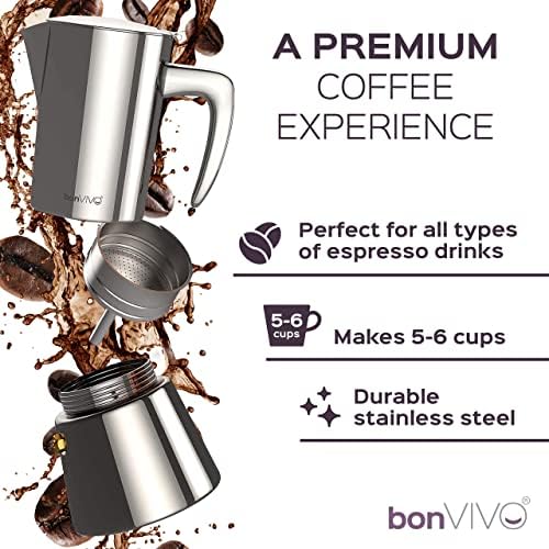 bonVIVO Cafetera Italiana – Cafetera Moka de Acero Inoxidable – Para Cafeteros de Inducción, Vitrocerámica, Gas y Eléctr